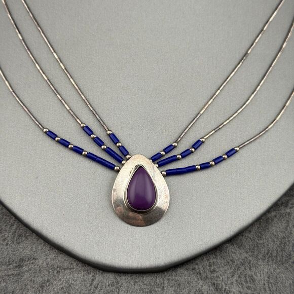 Native American Liquid Sterling Silver Purple Sugilite Blue Lapis Necklace VTG - Picture 2 of 16